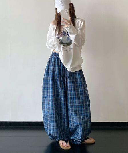 아메리칸 레트로 체크무늬 펌프 로프 밴딩 캐주얼 바지 남녀 조수 브랜드 여름 루즈핏 넓은 다리 다용도 긴 바지