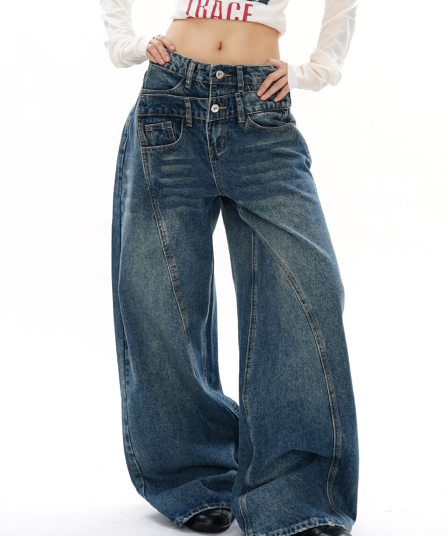 워싱 불규칙 해체 모통이 칼 청바지 남녀 아메리칸 더블 허리 머리 디자인 센스 캐주얼 와이드 레그 팬츠