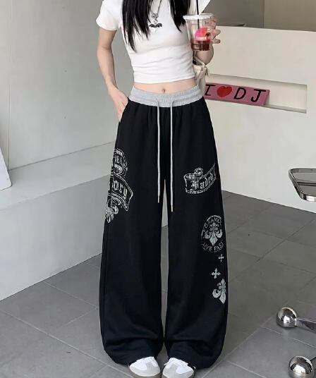 아메리칸 프린트 넓은 다리 운동 웨이 바지 남녀 가을 루즈핏 다용도 캐주얼 바지 디자인 센스 도루 센스 바닥 청소 긴 바지