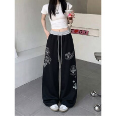 批发美式印花阔腿运动卫<b class='q'>裤</b>男女秋季宽松<b class='q'>百搭</b>休闲<b class='q'>裤</b>设计感垂感拖地长<b class='q'>裤</b>
