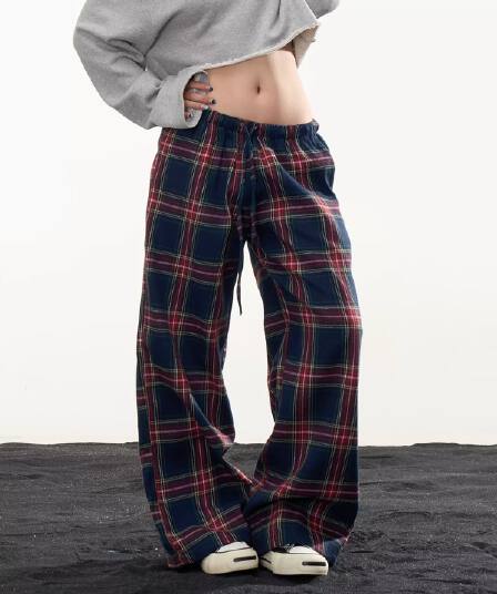 빨간색 아메리칸 레트로 볼륨 측면 체크무늬 와이드 레깅스 바지 겨울 새로운 느긋한 바람 루즈핏 슬림해 보이는 스트레이트 캐주얼 바지