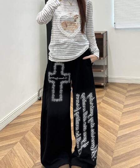 아메리칸 레트로 알파벳 프린트 펌프 로프 와이드 레깅스 바지 루즈핏 운동 캐주얼 바지 웃음 하 거리 바람 스트리트 댄스 긴 바지