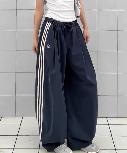 아메리칸 운동 바람 측면 스트라이프 와이드 레깅스 바지 가을 새로운 루즈핏 허리밴드 펌프 로프 바지