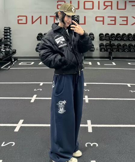 아메리칸 숫자 알파벳 파란색 웨이 바지 남자 여자 루즈핏 슬림해 보이는 학원 스타일 느긋한 센스 스트레이트 넓은 다리 캐주얼 바지