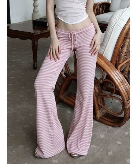 원본 컬러 짜임 기사 아메리칸 핫걸 스트라이프 부츠컷 바지 펌프 Pleat 레이스업 로우 웨이스트 캐주얼 바지 여성
