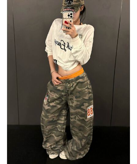 아메리칸 레트로 배색 더블 허리 머리 자수 카모플라주 모통이 칼 웨이 바지 남녀 조수 브랜드 디자인 센스 와이드 레그 팬츠
