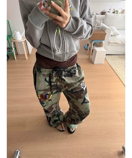 아메리칸 밴딩 더블 허리 머리 디자인 센스 휘장 자수 카모플라주 워크웨어 팬츠 남녀 디자인 센스 캐주얼 스트레이트 긴 바지