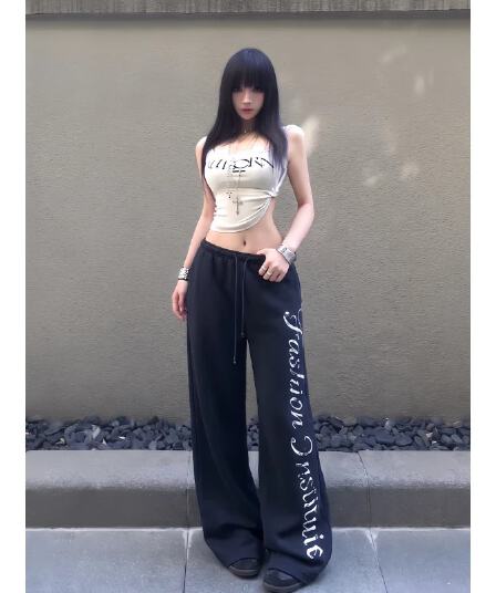 아메리칸 블랙 회색 알파벳 캐주얼 스트레이트 팬츠 여성 여름 캐주얼 펌프 로프 바지 와이드 레그 팬츠 루즈핏 슬림해 보이는 긴 바지