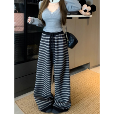 批发原版布料】韩系<b class='q'>甜美</b>小个子咖色条纹阔腿裤女秋冬季新款