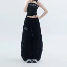 批发秋冬新款韩美式<b class='q'>嘻哈</b>风烫钻侧边宽松<b class='q'>阔腿裤</b>女街头休闲运动长<b class='q'>裤</b>