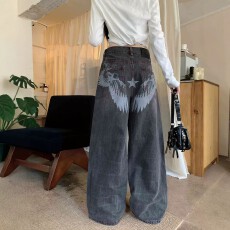 批发反穿星星翅膀印花设计感<b class='q'>牛仔裤</b>男<b class='q'>女</b><b class='q'>个性</b>baggy阔腿垂感长裤子潮