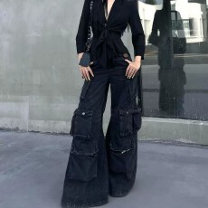 批发美式街头重工多口袋工装牛仔裤男女宽松vibe直筒休闲阔腿<b class='q'>长裤</b>