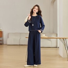 批发时尚休闲拼接格纹长袖上衣女<b class='q'>春</b>秋季新款大码宽松阔腿裤套装两件套