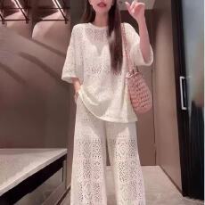批发法式慵懒休闲时尚套装女夏宽松显瘦镂空短袖T恤阔腿裤洋气两件套
