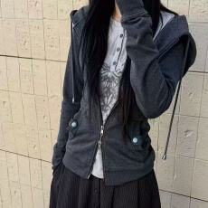 批发辣妹风深灰色连帽长袖收腰拉链开衫<b class='q'>T</b><b class='q'>恤</b> 显瘦气质
