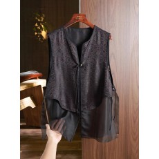 批发新中式中国风马甲女夏季新款高级感宋锦拼接仿真丝<b class='q'>欧根纱</b>马夹上衣