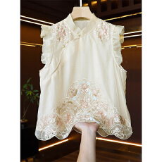 批发高端仿真丝<b class='q'>欧根纱</b>重工刺绣新中式马甲背心女中国风荷叶边无袖上衣
