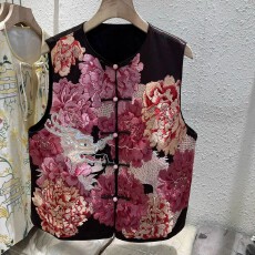 批发新中裳式国风圆领醋酸马甲重工刺绣牡丹盘扣唐装汉服气质背心女士