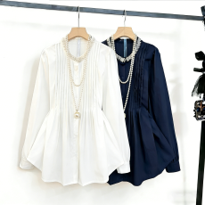 批发法式轻奢重工钉珠宝蓝色长袖<b class='q'>衬衫</b>女春季大码胖mm娃娃衫高级感上衣