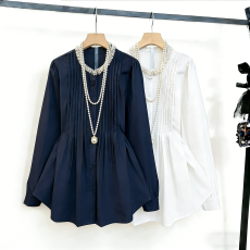 批发法式轻奢重工钉珠宝蓝色长袖<b class='q'>衬衫</b>女春季大码胖mm娃娃衫高级感上衣