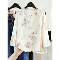 批发新中式提花衬衫女<b class='q'>春</b>秋装新款复古气质圆领休闲轻国风盘扣甜美上衣