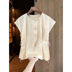 批发新中式国风盘扣无袖t恤衬衫女2026夏季新款别致优雅气质百搭上衣