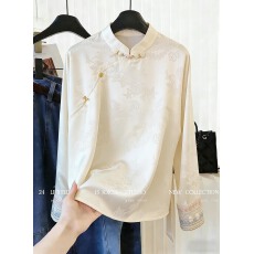 批发新中式斜襟提花缎面衬衫上衣女洋气高级感轻国风时尚气质内搭衬衣