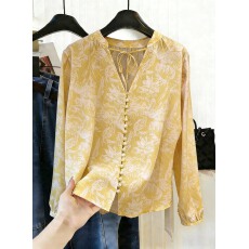 批发法式黄色印花v领<b class='q'>长袖</b>衬衫女2026夏新款宽松显瘦气质轻薄防晒上衣