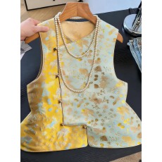 批发今年流行漂亮洋气高级感新中式国风宋锦金鱼印花马甲外套女春<b class='q'>秋</b>季