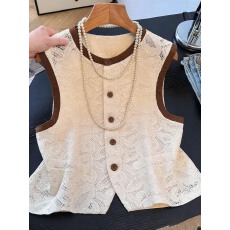 批发韩版高腰短款蕾丝马甲女春<b class='q'>秋</b>新款设计感勾花镂空小个子减龄马夹潮