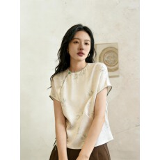 批发新中式国风高级感短袖蝙蝠袖衬衫女2026夏季新款盘扣圆领T恤上衣