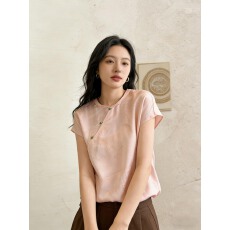 批发粉色高级感新中式斜襟提花短袖衬衫女夏季2026法式休闲超好看上衣