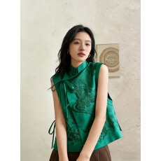 批发新中式马甲外套女春<b class='q'>秋</b>新款国潮复古重工白鹳刺绣系带国风马夹上衣