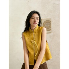 批发新中式老钱风复古轻薄网纱衬衣马甲女春<b class='q'>秋</b>气质百搭黄色欧根纱上衣