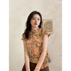 批发新中式斜襟提花短袖衬衫女夏季妈妈立领复古洋气<b class='q'>小衫</b>百搭气质上衣