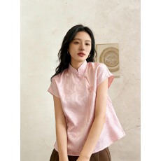 批发粉色中式印花缎面立领盘扣短袖<b class='q'>衬衫</b>2026夏季新款国风提花醋酸上衣