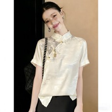 批发国风立领盘扣短袖<b class='q'>上衣</b>复古轻奢大码新中式衬衫T恤高级感女印花ins