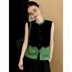 批发新中式国风复古盘扣立领马甲背心女春秋新款金丝绒拼接提花坎肩潮
