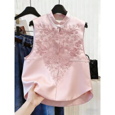 批发新中式粉色重工刺绣立领叠穿马甲女早秋气质复古国风无袖背心上衣