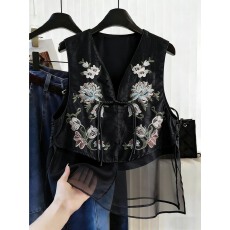 批发龟纹中国风拼接遮肉欧根纱新中式中长款马甲外搭夏季薄款刺绣坎肩