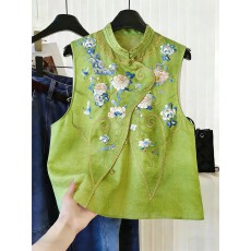 批发绿色欧根缎重工刺绣国风马甲背心女夏季超好看改良新中式唐装上衣