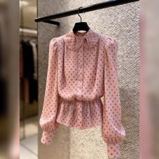 批发淑女风粉色波点荷叶领<b class='q'>衬衫</b>长袖收腰显瘦上衣2026春季新款小众女装