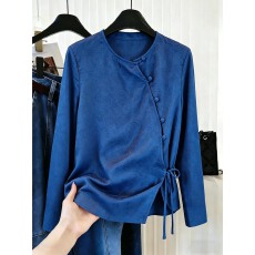 批发2026年春季新款复古新中式蓝色斜门襟系带<b class='q'>衬衫</b>上衣女高级气质时尚