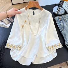 批发新中式刺绣衬衣女国风设计个上衣衬衫年轻款<b class='q'>时尚</b>内搭醋酸缎面提花