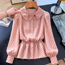 批发淑女风粉色波点荷叶领<b class='q'>衬衫</b>长袖收腰显瘦上衣2026春季新款小众女装