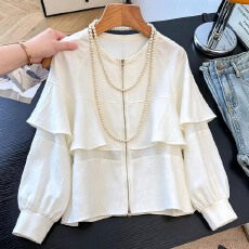 批发2026春装新款设计感独特韩系圆领荷叶边拼纱<b class='q'>短</b>款<b class='q'>外套女</b>薄款夹克