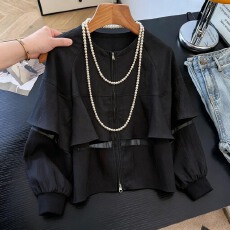 批发2026春装新款设计感独特韩系圆领荷叶边拼纱<b class='q'>短</b>款<b class='q'>外套女</b>薄款夹克