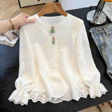 批发2026年春夏新款新中式国风提花刺绣蕾丝衫长袖衬衫上衣精品女装