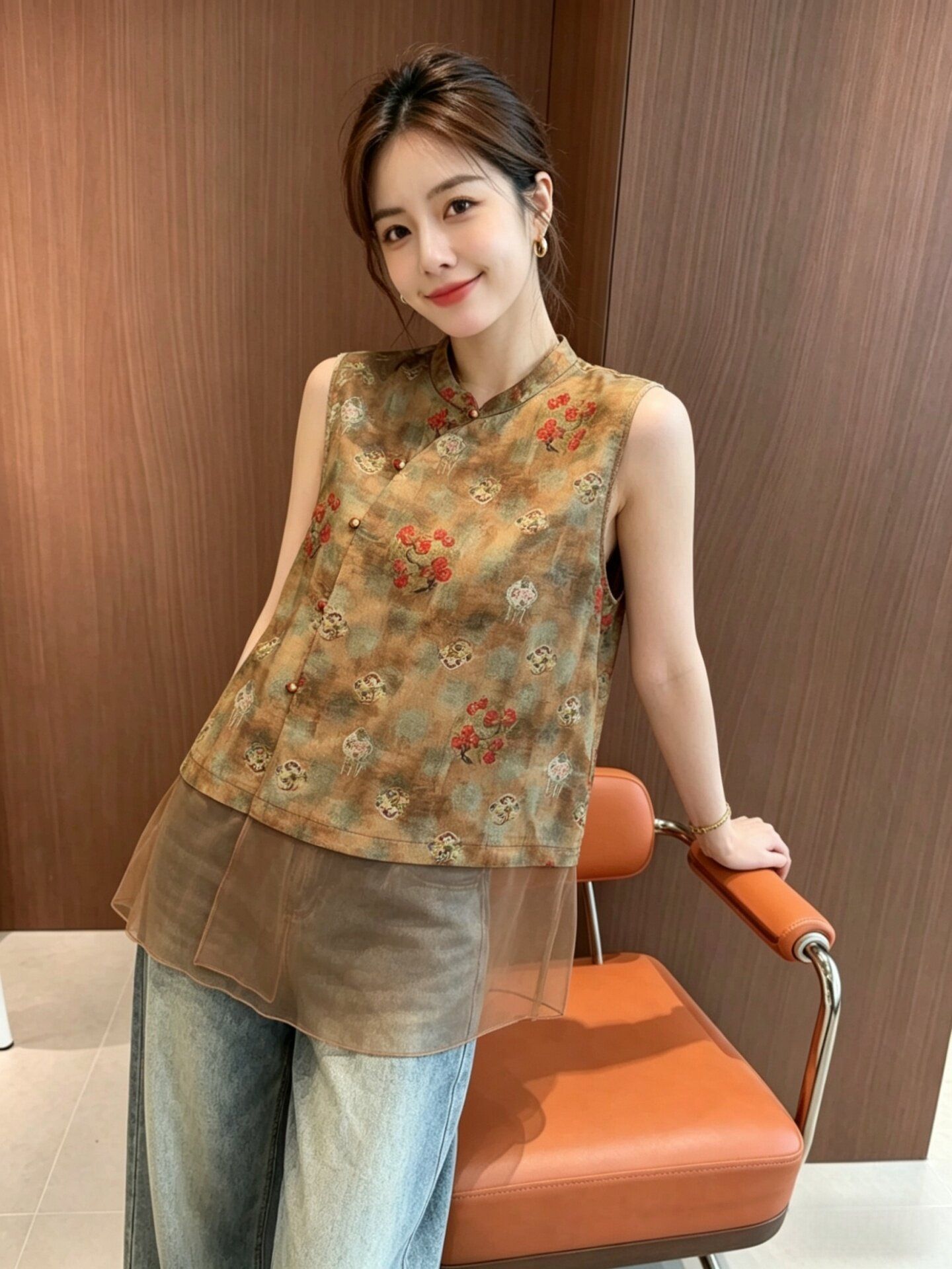 새로운 중식 국풍 스탠드 칼라 비스듬한 襟 패치워크 조끼 여자 2026 봄 새로운 민소매 슬림해 보이는 다용도 품격 맨위