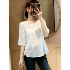 批发新中式国风斜襟绣花短袖衬衫女夏装大码<b class='q'>胖</b>mm<b class='q'>显瘦</b>绝美漂亮小衫上衣
